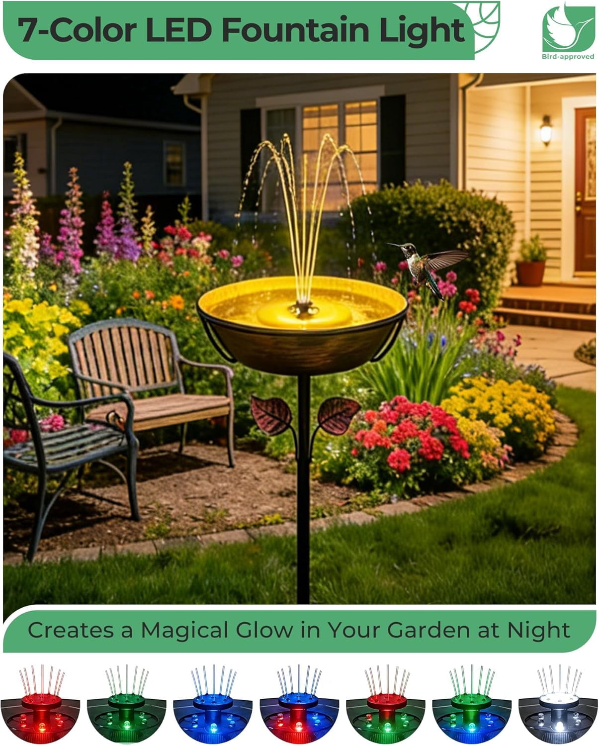 Metal Bird Bath with Solar Fountain - 13" Large Outdoor Birdbath Bowl + 6.3" Solar Pump with Battery & LED Lights | 1.4 Gallon Garden Bird Bath for Yard, Lawn, Patio, Flowing Water Feature