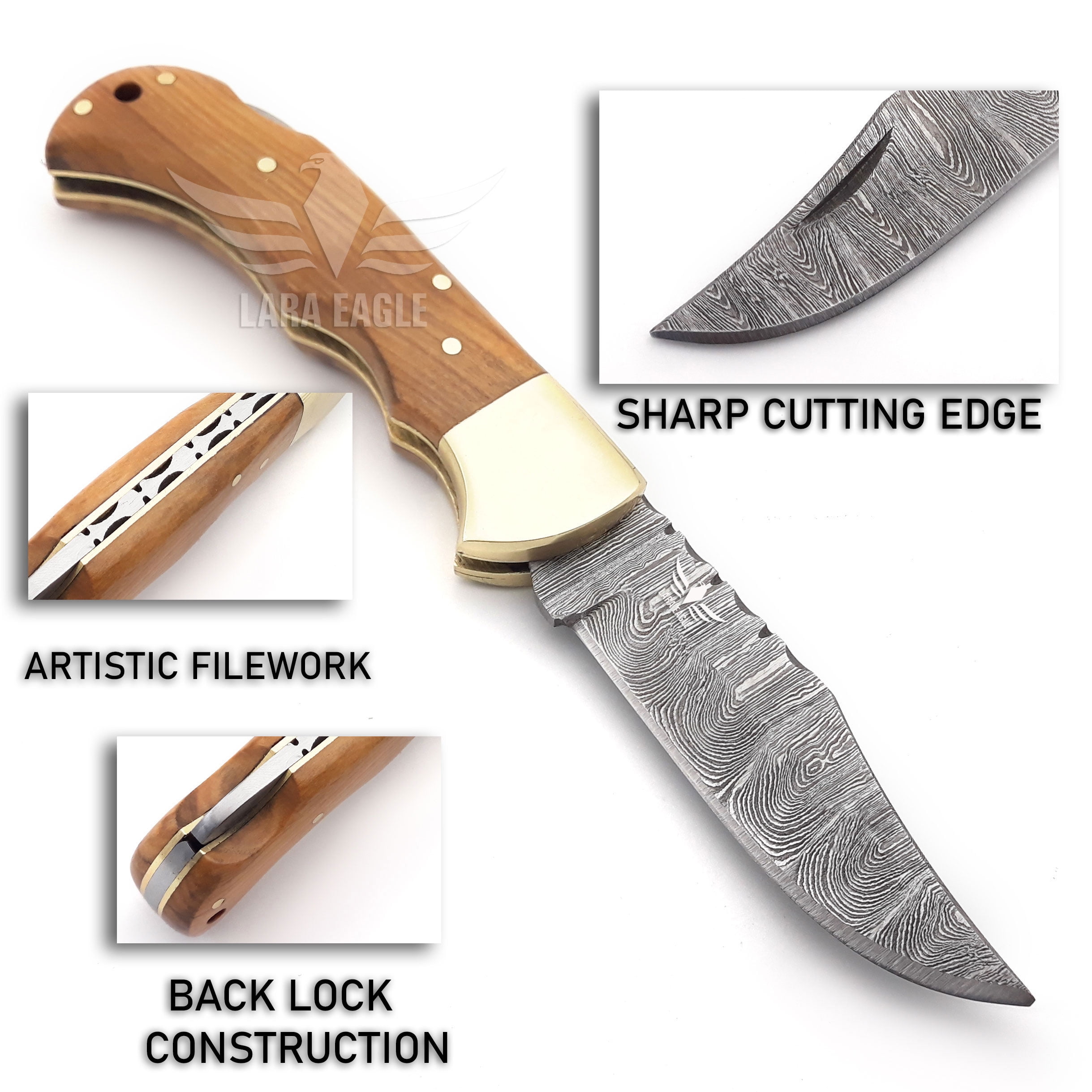 Lara Eagle Damascus Pocket Knife for Men - 133 Layer Solid Steel Handmade Light Brown Folding Hunting 3 inch Blade with Sharpener and Leather Pouch - Knife for Camping Hunting Hiking