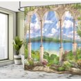 thumbnail image 2 of Cortinas de ducha con paisaje italiano, arco de piedra antiguo, vista al mar, balcón, plantas de jardín, juego de decoración para baño con ganchos, 2 of 3