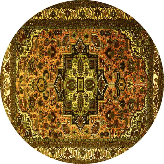 Ahgly Company Machine Washable Indoor Round Medallion Yellow Traditional Area Rugs, 7' Round