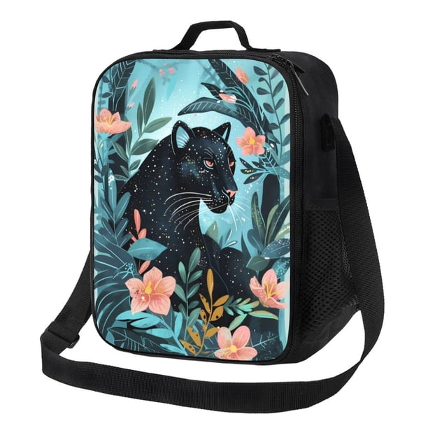 Balery Black Panther Floral Illustration Caja de Almuerzo y Bolsa de Almuerzo para Hombres y Mujeres, Bolsa de Almuerzo Reutilizable con Gran Capacidad, Bolsa de Almuerzo Aislada