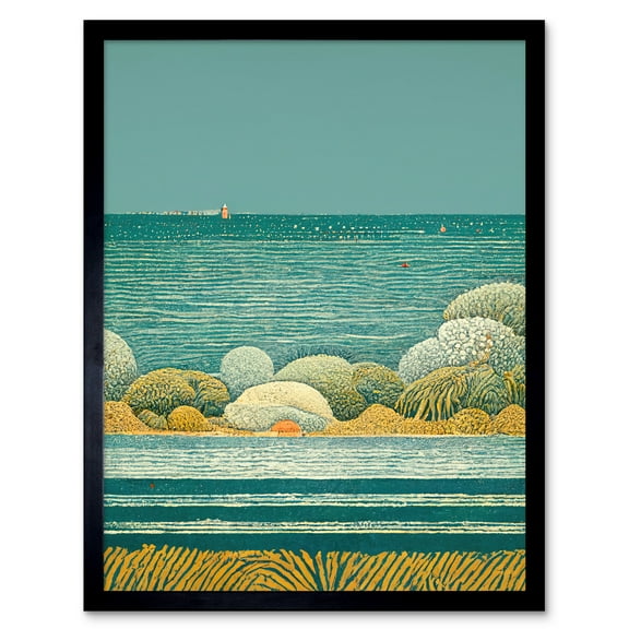 Modern Quirky Beach Scene Ocean View Lighthouse Art Print Framed Poster Wall Decor 12x16 inch