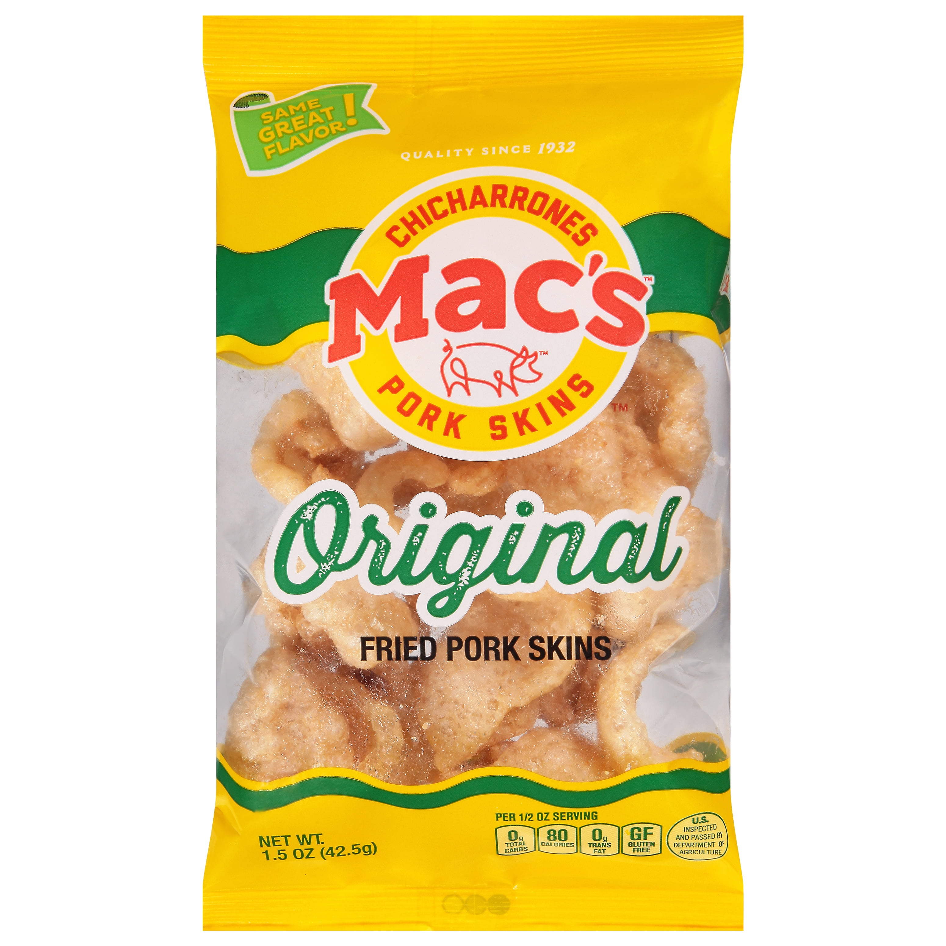 Mac's Chicharrones Original Flavored Crispy Fried Pork Skins, 1.5 oz Bag