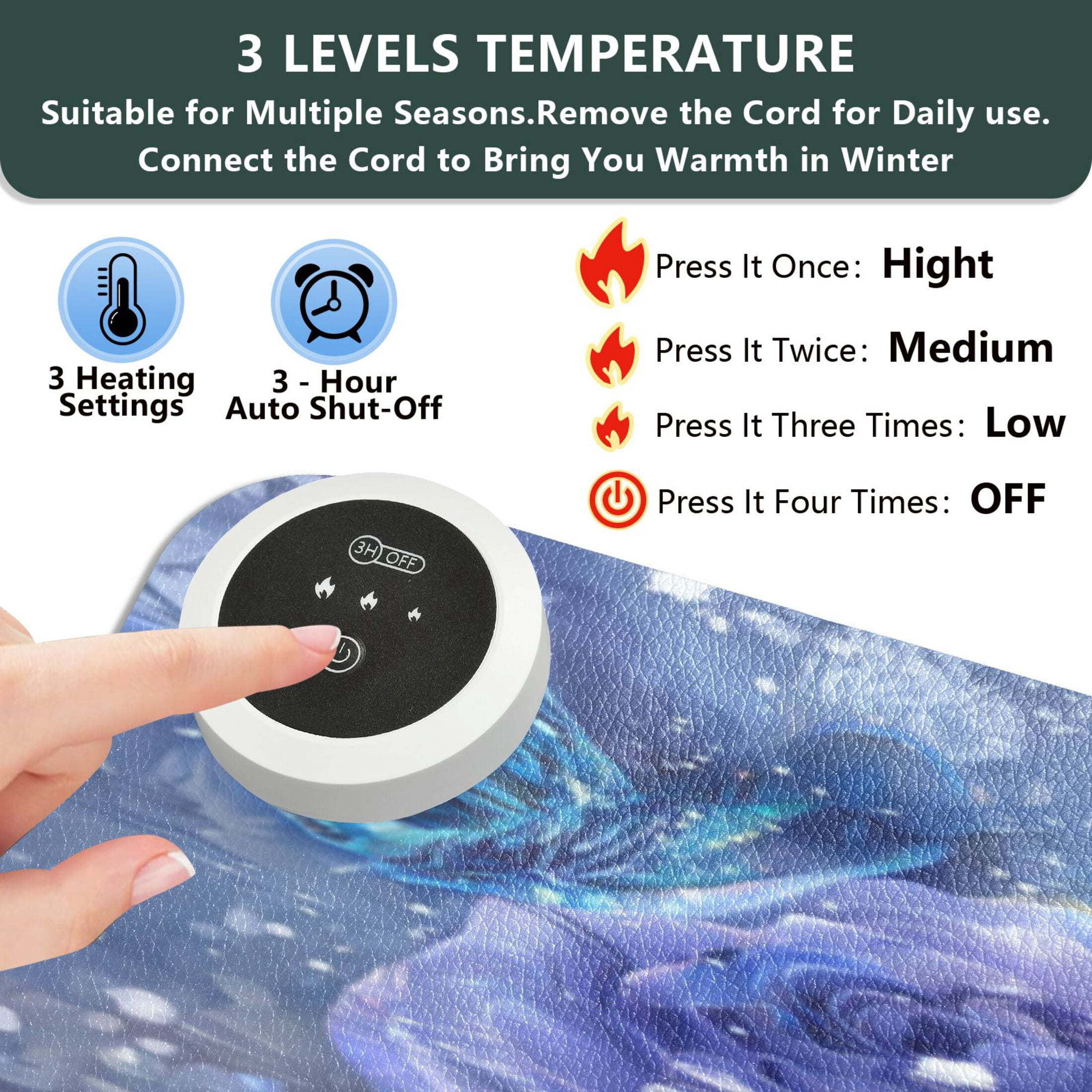 Large Heated Desk Mat Mouse Pad 31.5"x13"PU Leather Graphene Heating Desk Warmer with 3 Temperature Settings 110V US Plug Non-Slip Warm Pad for Home, Office, and Gaming Blue and White Crystal Roses