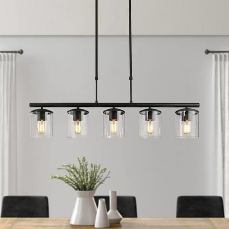 

LNC 5-Light Matte Black and Clear Cylinder Glass Farmhouse Clear Glass Linear LED Kitchen Island Light Large Linear Chandeliers Light for Dining Room Kitchen Island Bedroom