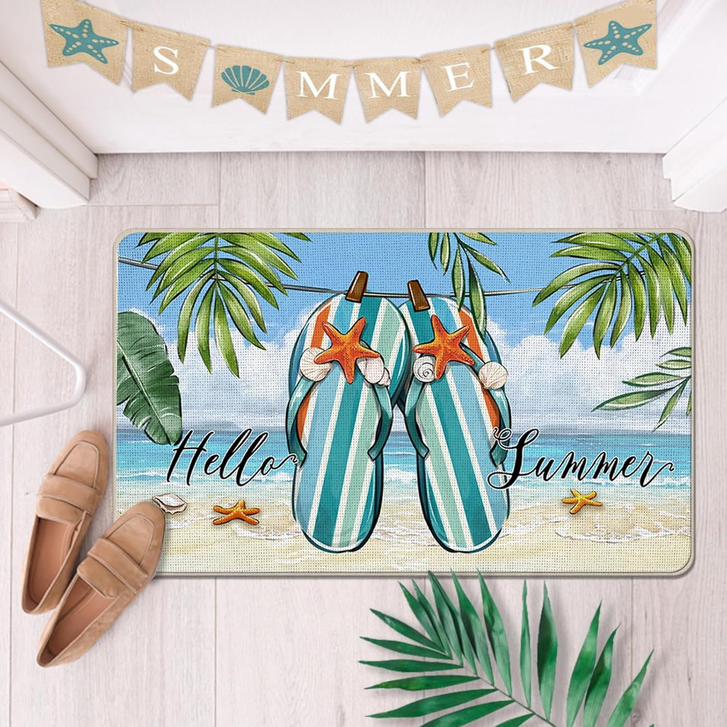 Hello Summer Flip Flops Decorative Front Door Mat, Beach Coastal Tropical Doormat Indoor Outdoor Non-Slip Floor Entryway Rug, Hawaii Palm Leaves Nautical Home Kitchen Decoration 17x30 Inch