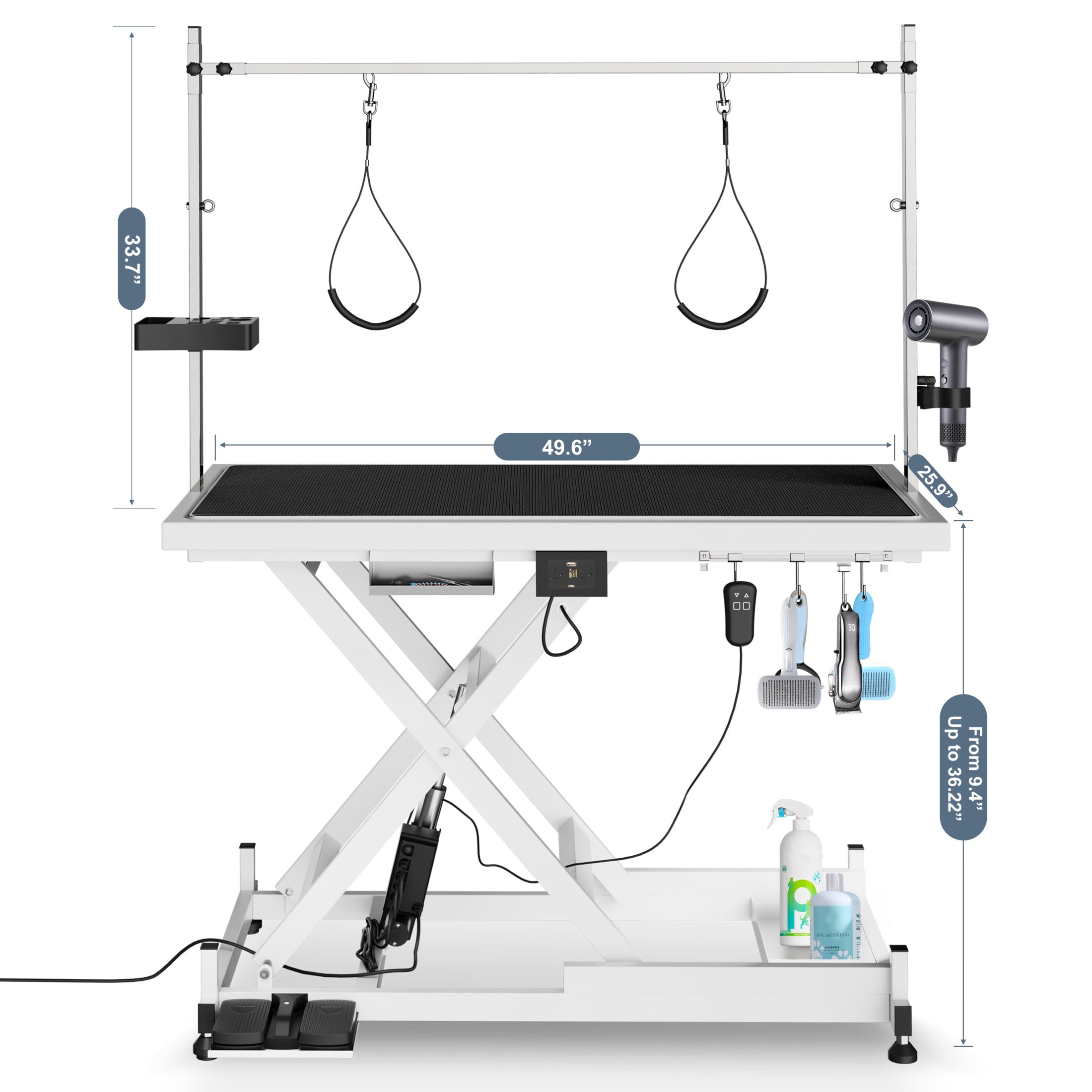 Noble House Professional Electric Pet Grooming Table, Height Adjustable, Heavy Duty Lift Table with Double Arms, White