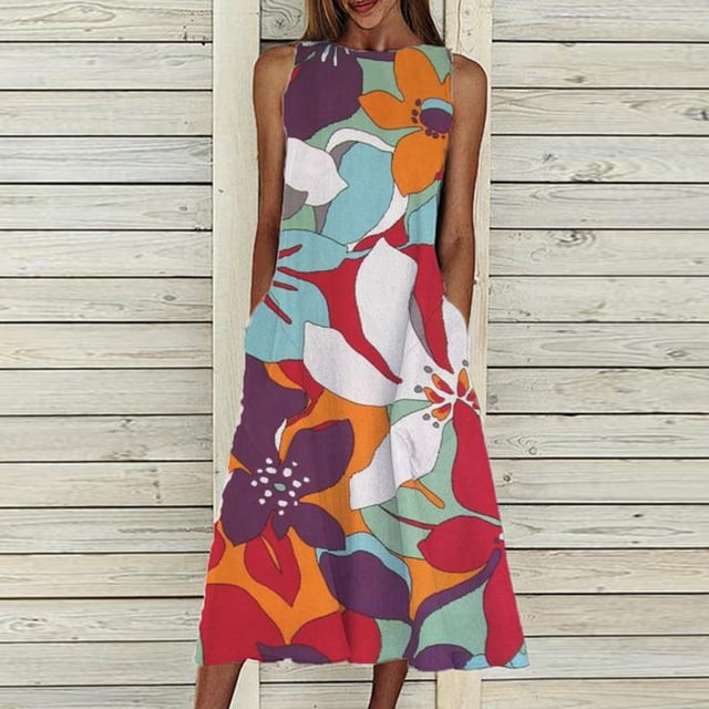 Lenago Robes d'Été Grande Taille pour Femmes Imprimé Plage Vacances Robe Col Rond Grande Ampleur Poche Robe Maxi Robes d'Été de Plage en Liquidation