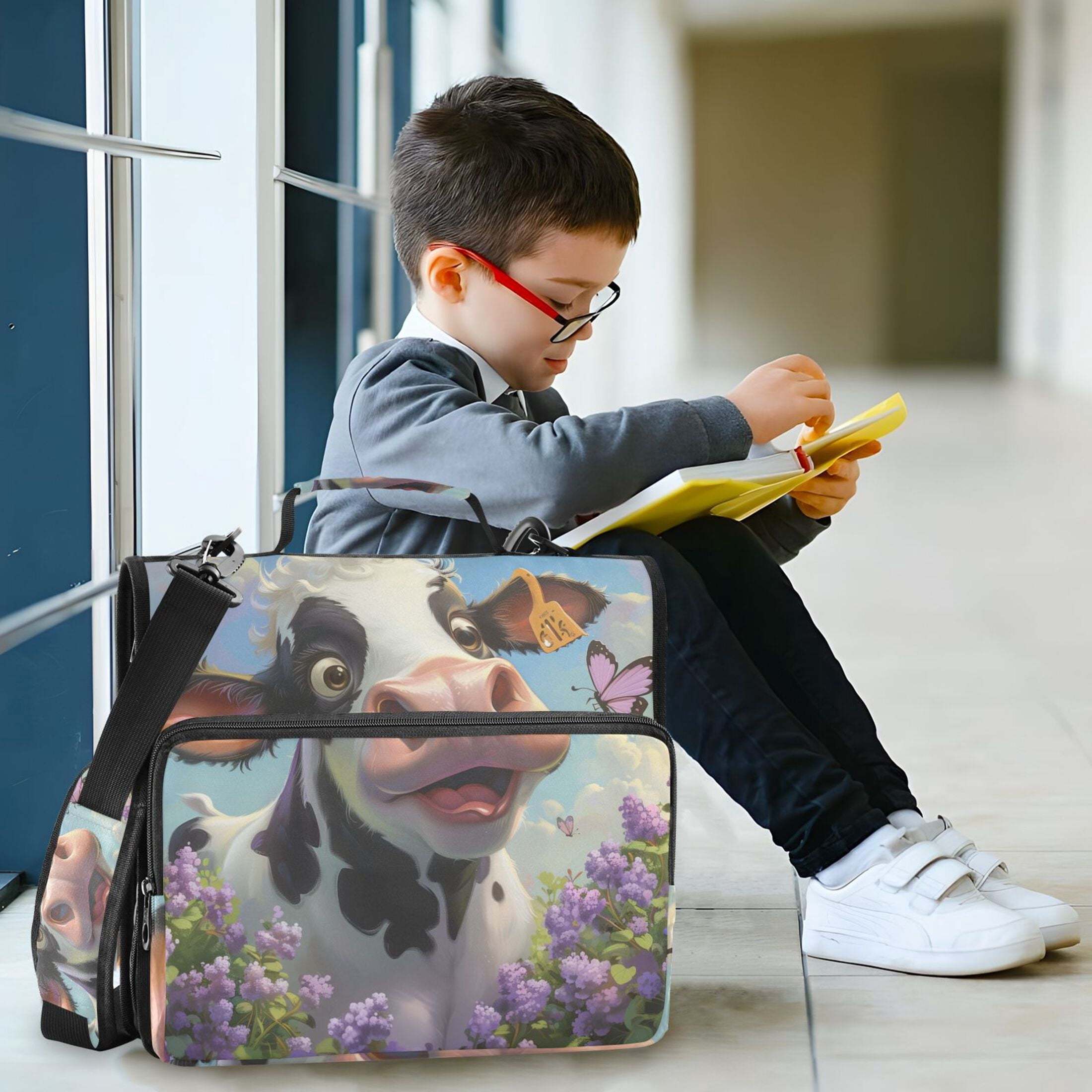 3 Ring Zipper Binder with Shoulder Strap Waterproof Trapper Keeper 2 Inch D-Ring 500 Sheets Capacity Cute Cow with Butterfly