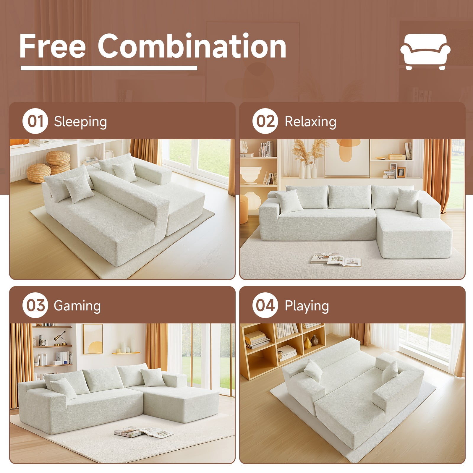 Vinform 103.54 Inch Velvet Sectional Sofa, Modern L-Shaped Modular Sofa with High-Density Foam (Includes Chaise Lounge and Throw Pillows), Upholstered Cloud Sofa for Living Rooms(Beige/Left Side)