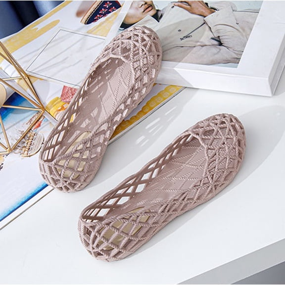 Women's Breathable Jelly Flats, Woven Hollow Out Slip-On Shoes, Waterproof Casual Sandals for Beach, Summer, Daily Wear Beige 36