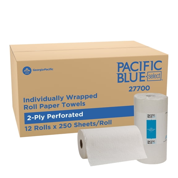 Pacific Blue Select by Georgia-Pacific PRO 2-Ply Perforated Roll Paper Towels, Individually Wrapped, White, 250 Sheets Per Roll, 12 Rolls Per Case, 27700