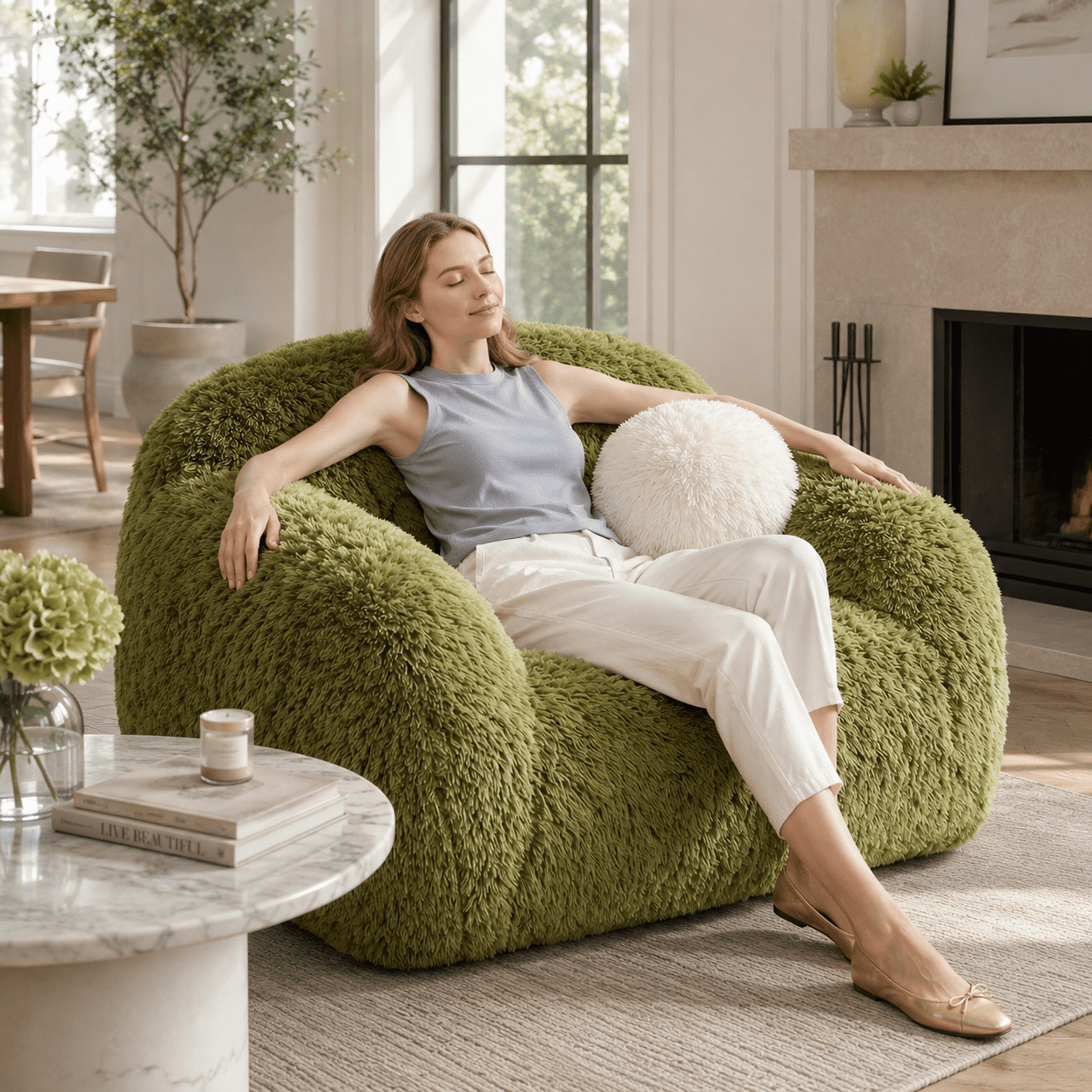 Aenkyo Oversized 360 Degree Swivel Accent Chair, Plush Faux Fur Barrel Sofa Chair, 25" Deep Seat, Green