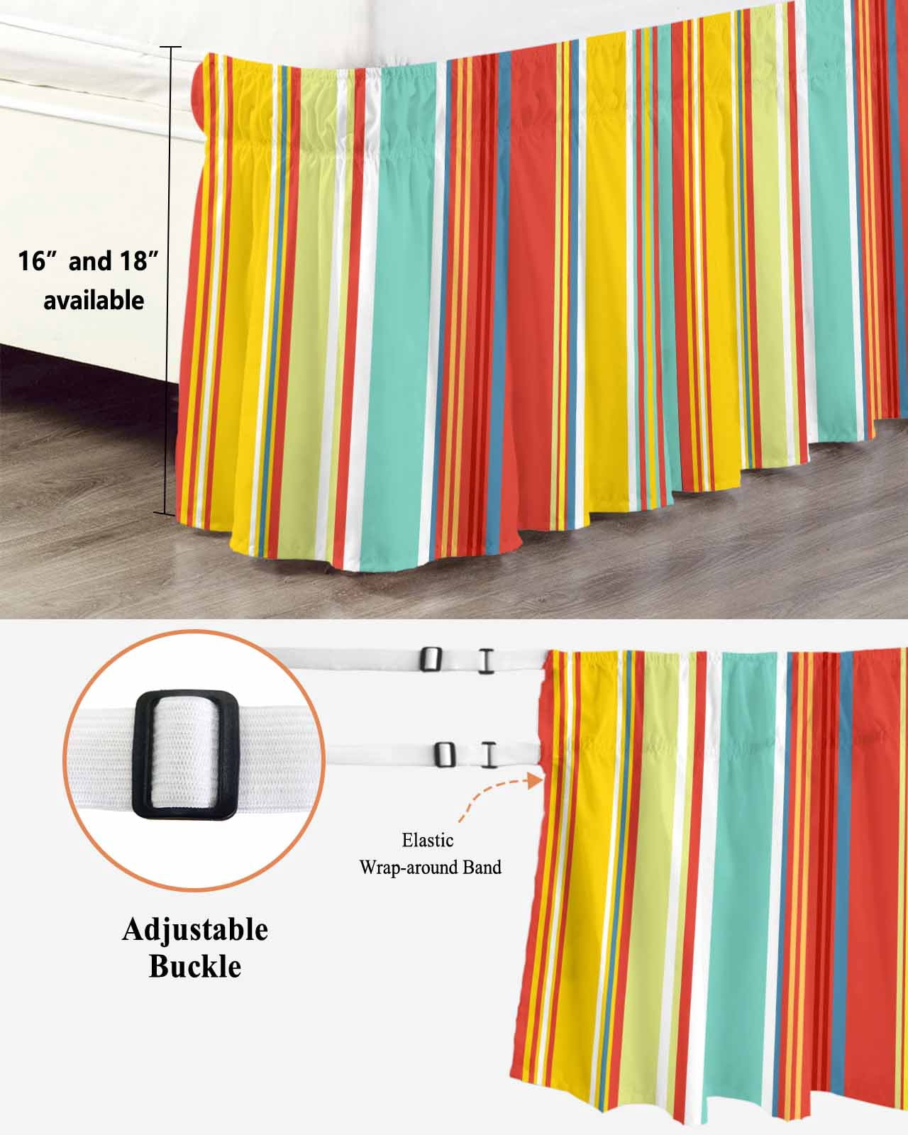 Red Aqua Stripe Wrap Around Bed Skirts for Queen Bed 16" Drop,Bed Skirt with Adjustable Elastic Belt Dust Ruffle Bed Valance for Bedroom Hotel Country Abstract Art Colorful Striped Bed Frame Cover