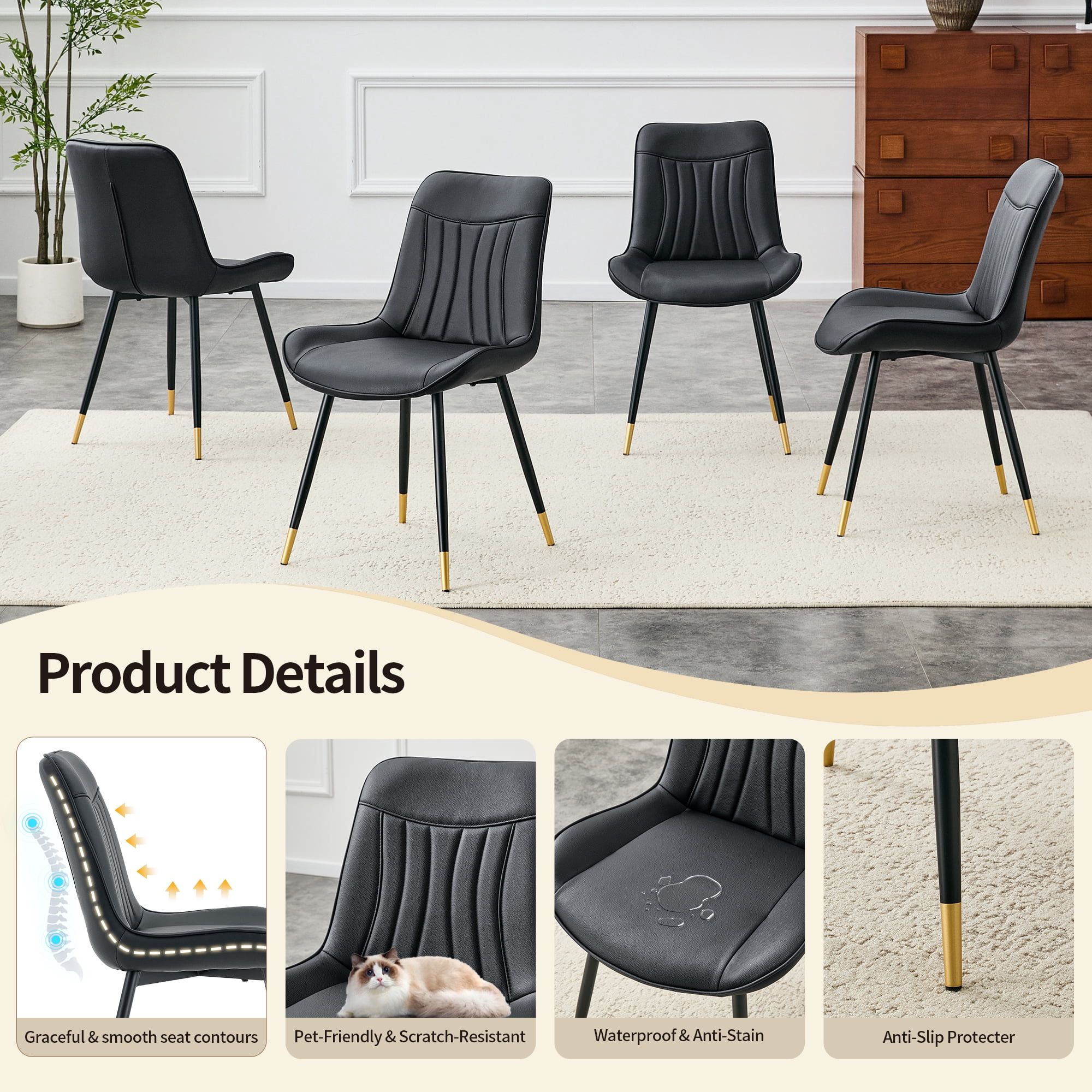 Leumius Dining Chairs Set of 4, Tech Fabric Upholstered Dining Chairs with Semi-Gloss Black Metal Legs, Gold-Trimmed Adjustable Non-Slip Feet, Vertical-Stitched High Back for Dining Room Black