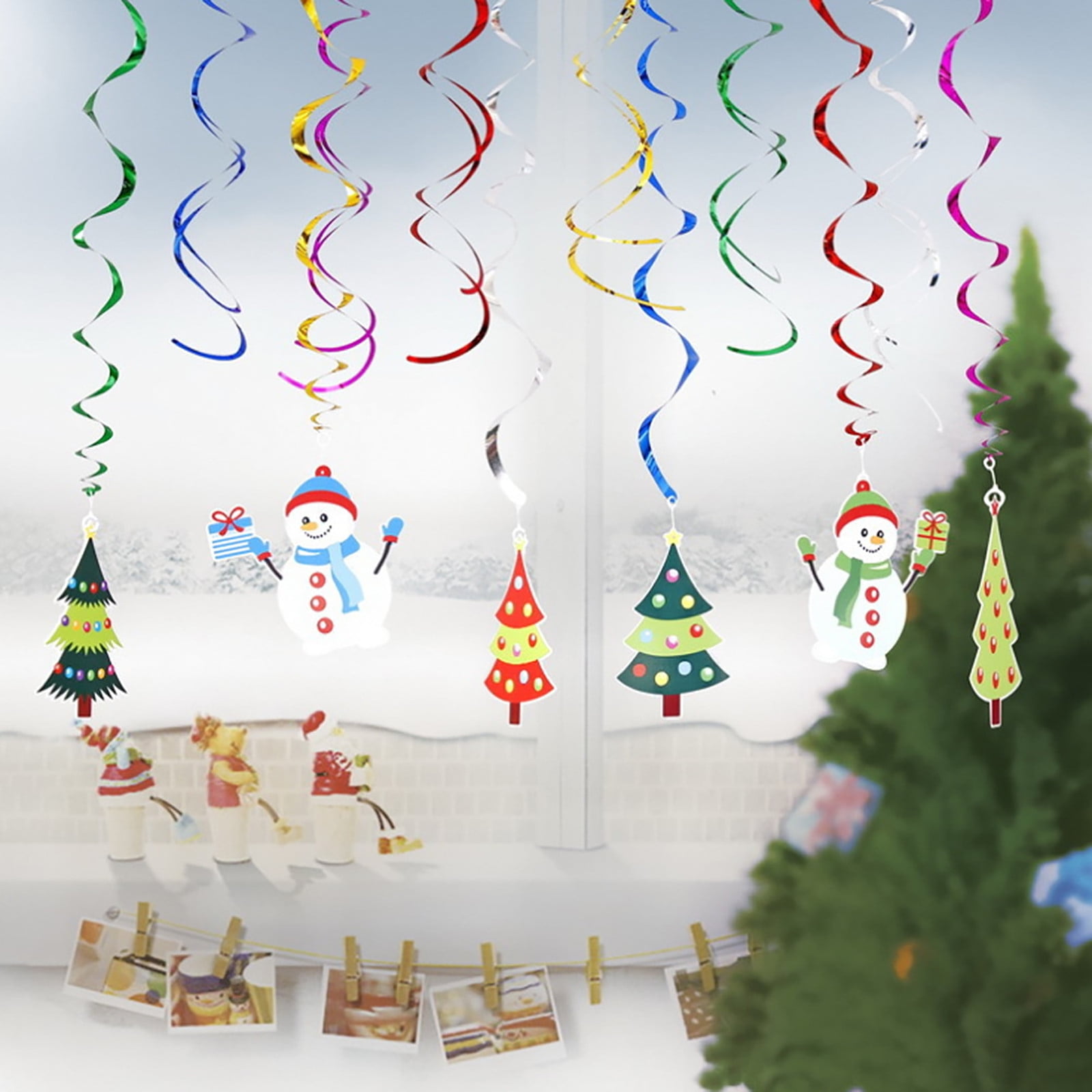 30 Pieces Christmas Hanging Foil Swirl Decorations Set Xmas Holiday Snowman Elk Sign Hanging Swirls Ceiling Decorations for Indoor Outdoor Happy Christmas Holiday Party Decoration Supplies 