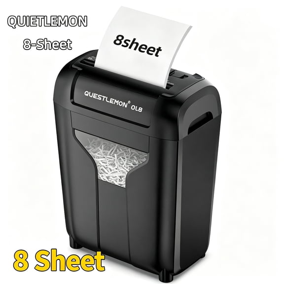QUESTLEMON 8-Sheet P-4 Cross Cut Paper Shredder, Shreds Paper, Credit Cards, Staples & Clips, Anti-Jam Reverse, 4 Gallon See-Through Bin for Home & Small Office