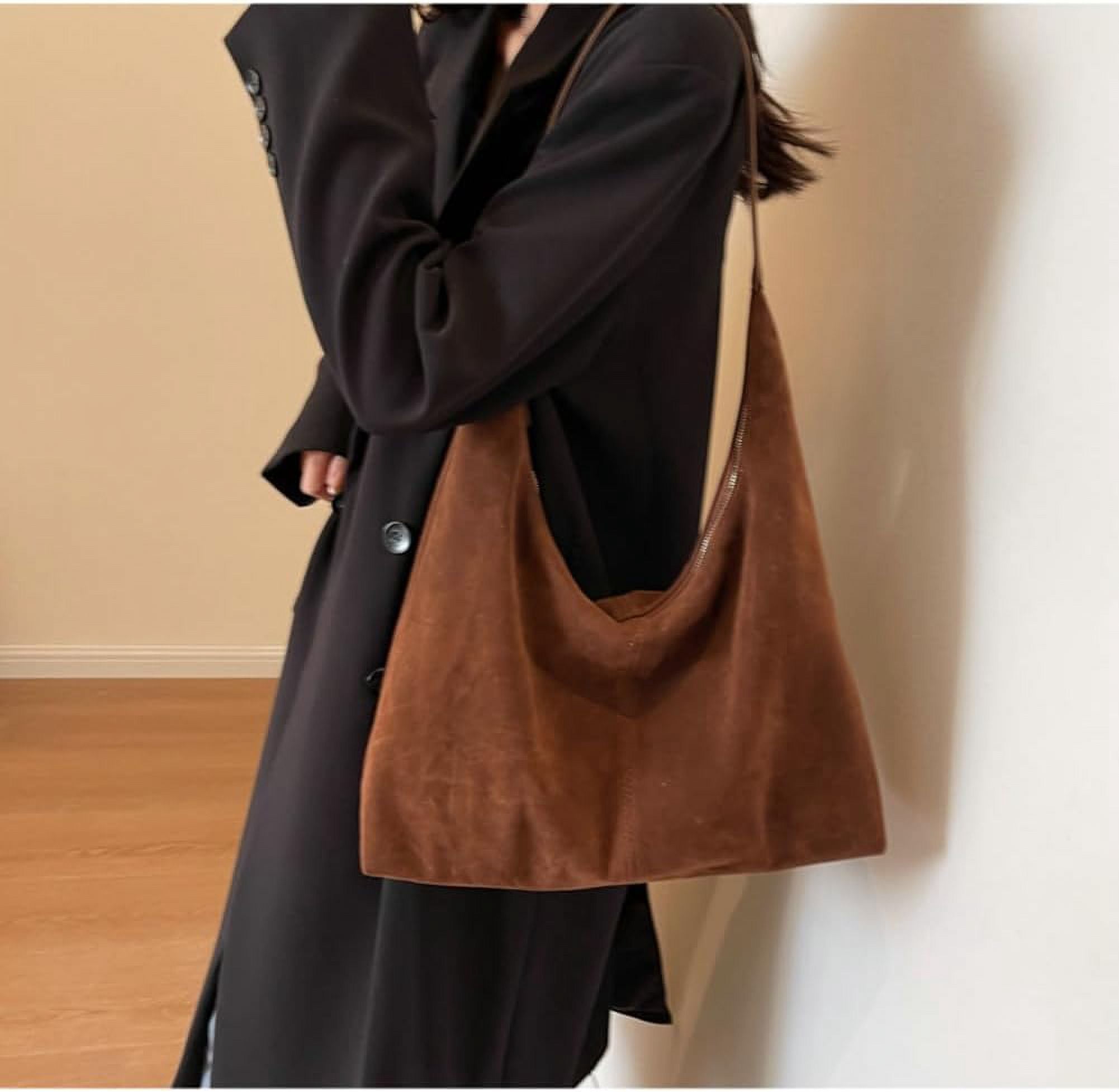 Lohol Trendy Suede Crescent Shoulder Bag Women Tote Bag Satchels Crossbody Purse Top-handle Travel College Work Tote Handbag-Brown