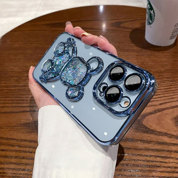 Funda de oso de dibujos animados con purpurina y arena movediza para iPhone 14 Pro Max 13 12 11 X Xr Xs 7 8 Plus, cubierta transparente de película suave para cámara Fivean unisex