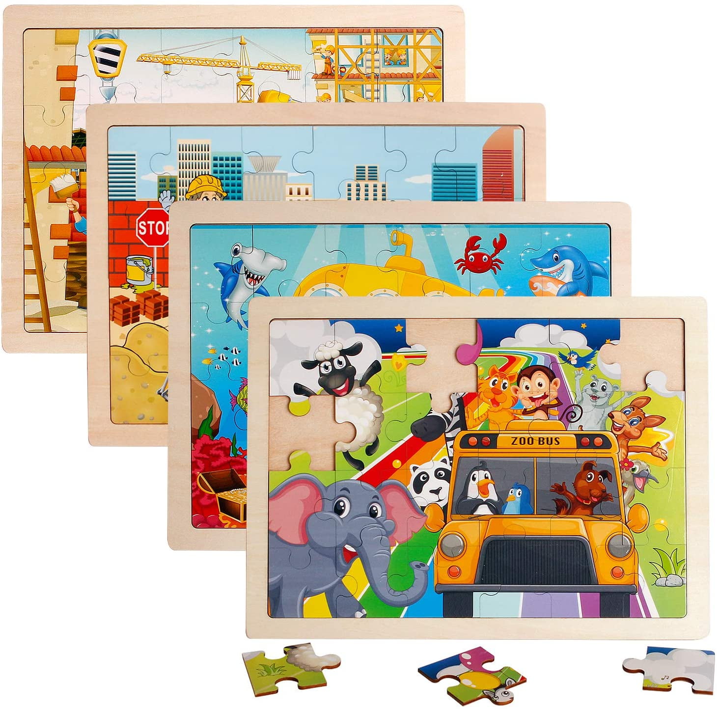4 Packs 24 PCs Jigsaw Puzzles for Kids Preschool Educational Brain Teaser Boards Toys Animal Zoo Bus Marine World Construction Sites Children Enlightenment 3 Years Old and Up 