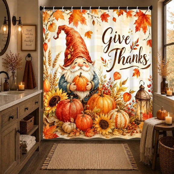 Give Thanks Fall Gnome Pumpkin Shower Curtain Autumn Sunflower Maple Leaf Farmhouse Bathroom Curtain Thanksgiving Decor 72 x 72 Inches