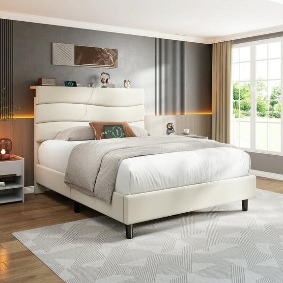 Romorgniz Bed Frame Twin with Adjustable Headboard Upholstered Bed Frame Metal Platform Bed Frame with Storage Space & Charging Station, Beige