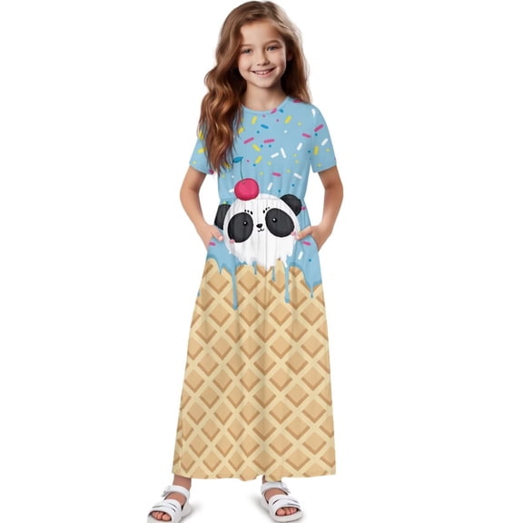 Uourmeti Girl's Short Sleeve Dress Cartoon Panda Ice Cream Print Round Neck Loose Casual Long Maxi Dress with Pockets Flowy Cute Outfits, Size 9-10 Years