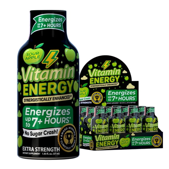 Vitamin Energy Pre-Workout Extra Strength Shot, Sour Apple, 12 Pack – 260mg Natural Green Tea Caffeine, Keto-Friendly Endurance Blend, Zero Sugar, 1.93 fl oz