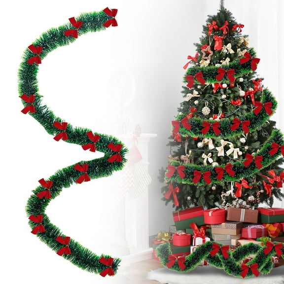 Christmas Tinsel Garland with Red Bows, 78.74 inch Sparkly Hanging Garland for Tree, Festive Mantel & Staircase Swag, Long Lasting Tinsel Decor for Holiday Home & Party
