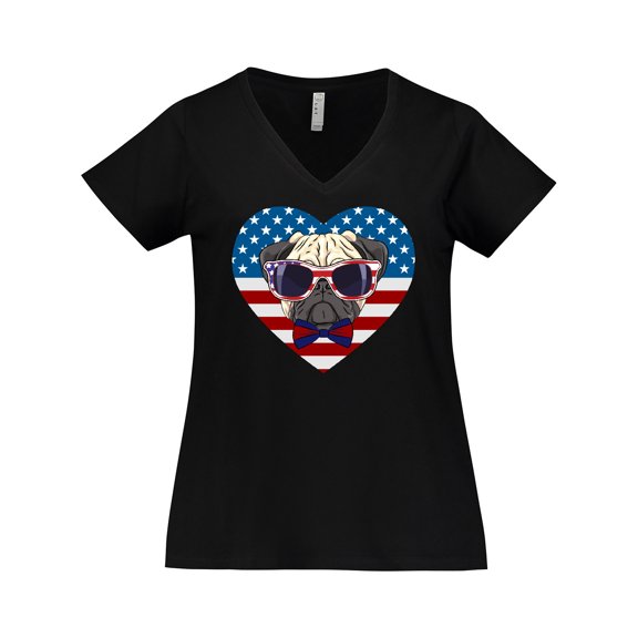 Inktastic Pug Dog Patriotic US Flag Heart Women's Plus Size V-Neck T-Shirt