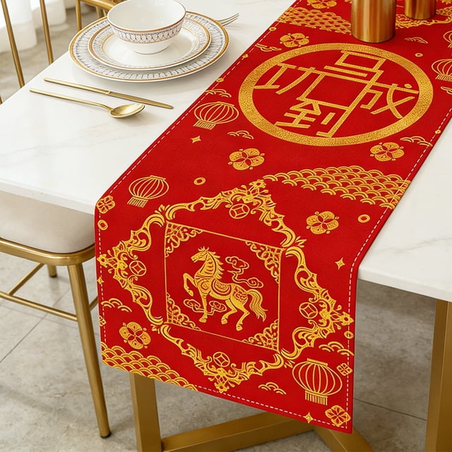 Chemin de Table en Lin, Décor Chinois à Thème Cheval Multicolore pour Table à Manger, 33 x 183 cm, Tissu en Polyester, Lavable à la Machine, 1 Pce
