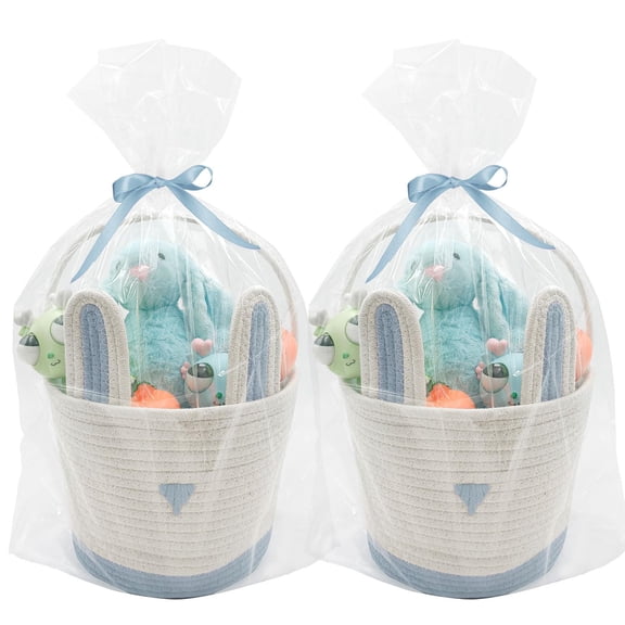 2 Pack Large Woven Easter Baskets for Boys & Kids - Empty Basket with Gift Bags and Ribbons Cute Easter Decorations Bunny Ears Designs Blue