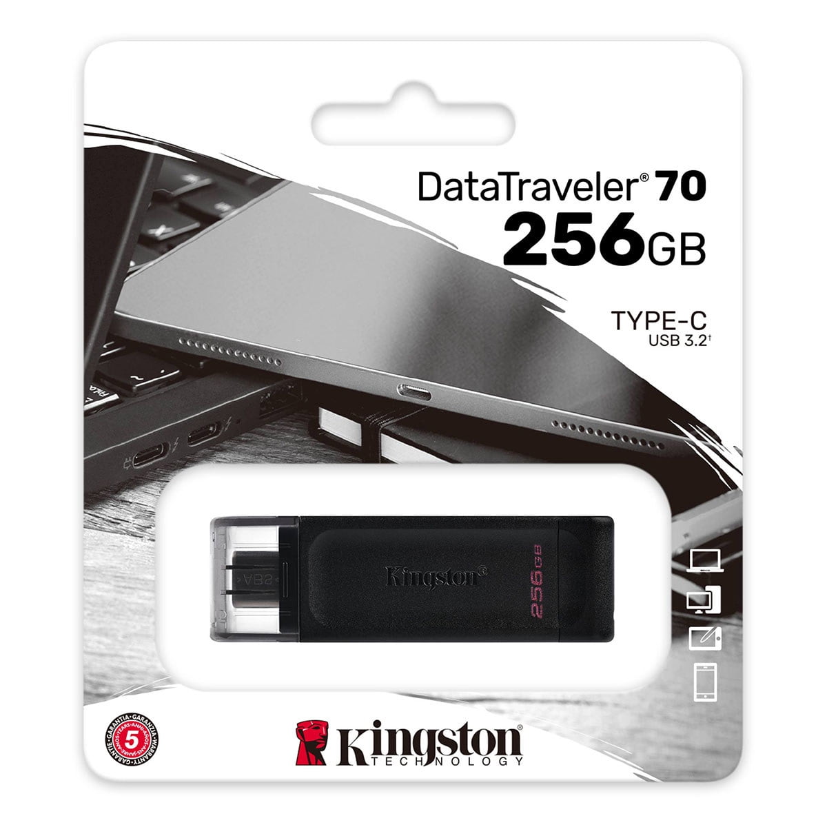 Kingston DataTraveler 70 256GB USB 3.2 (Gen 1) Type C Flash Drive - 256 GB - USB 3.2 (Gen 1) Type C - 5 Year Warranty