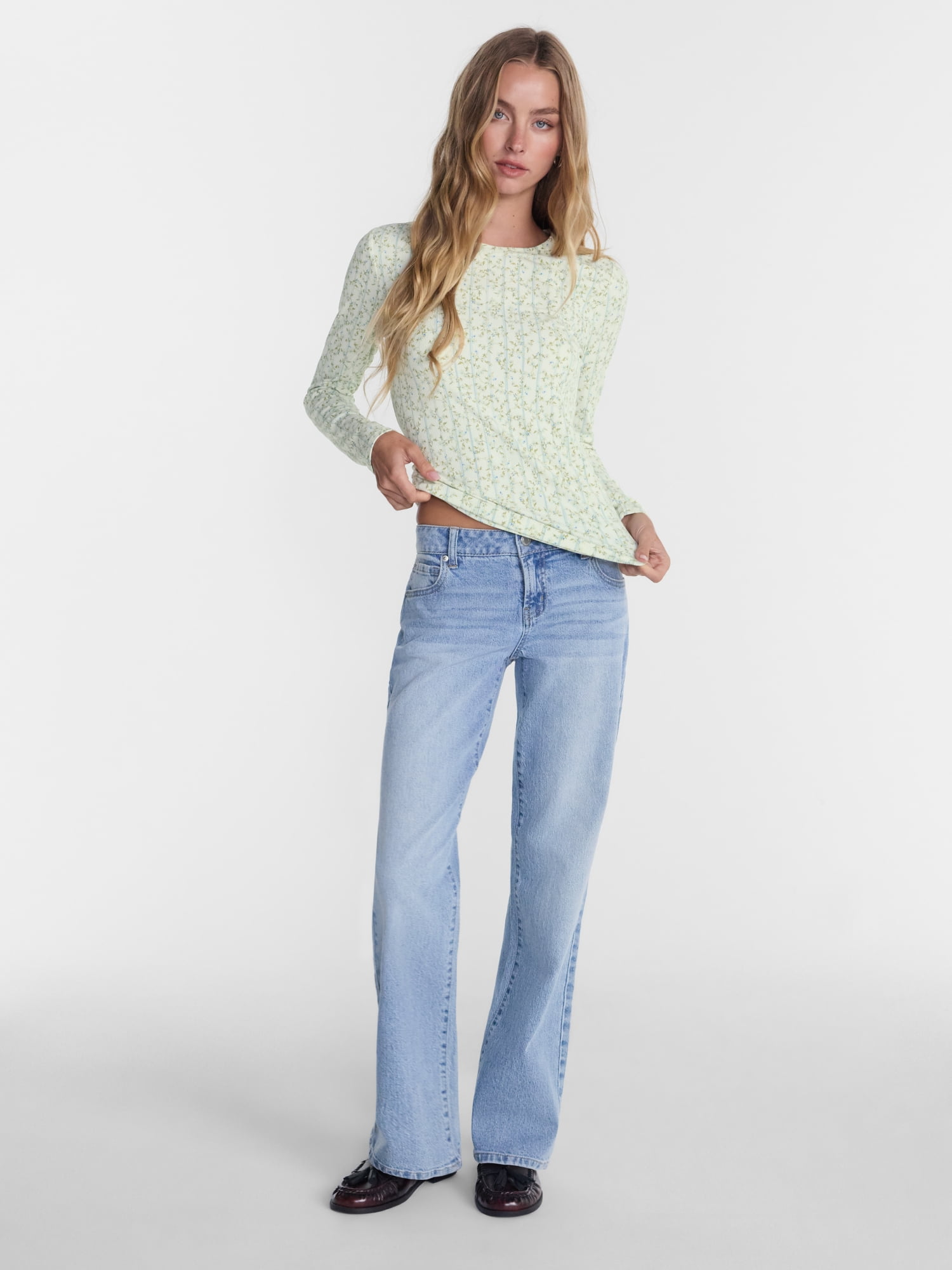 No Boundaries Ribbed Crewneck Tee with Long Sleeves, Women's and Women's Plus XXS-4X