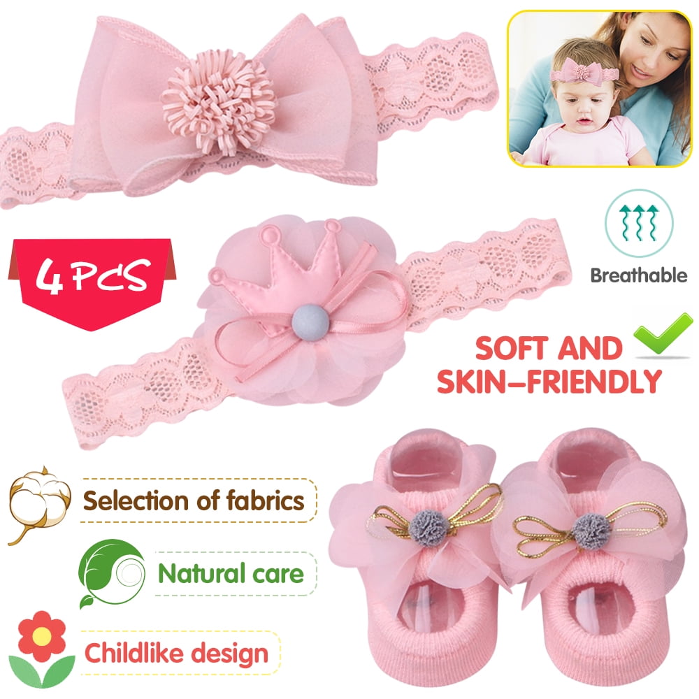 4Pcs Baby Headband Socks Set Flower Crown Bows Girl Hair Band Hair Accessories 