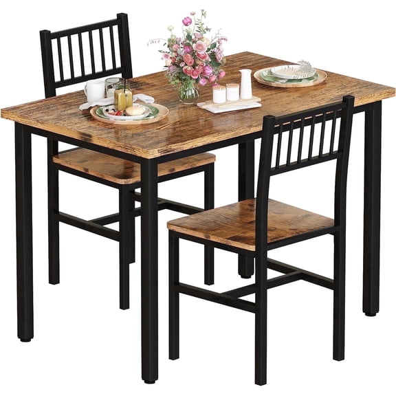 Baxluxe Dining Table Set, Rustic Kitchen Table and 2 Chairs with Metal Frame, Dining Room Dining Table Set, Small Space Breakfast Dining Table Set, Dining Room, Kitchen, Rustic Brown