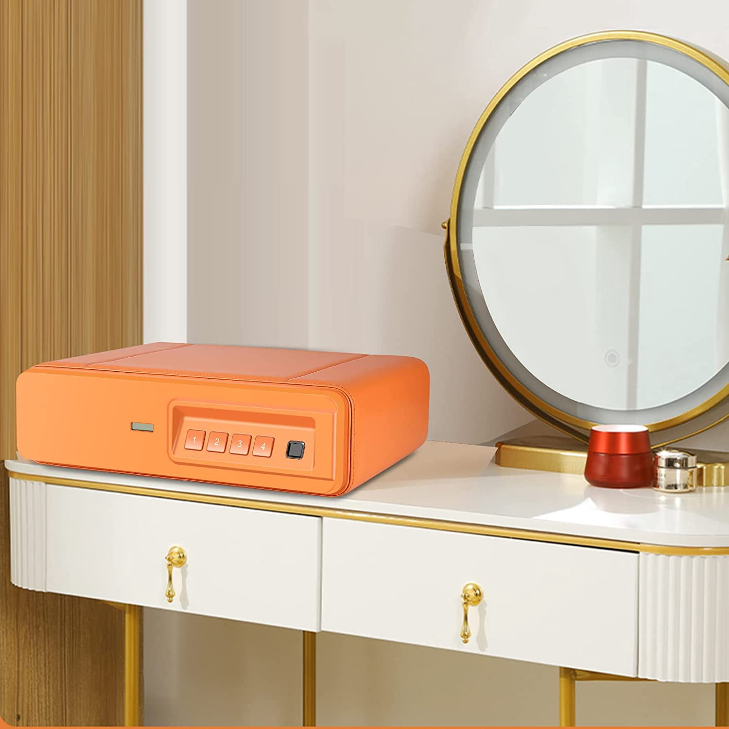 Biometric Fingerprint Safe, Slide-Away Handgun Safe for Pistols, Leather Wrapped Jewelry Storage Safe, Drawer Safe for Home and Vehicle-Orange