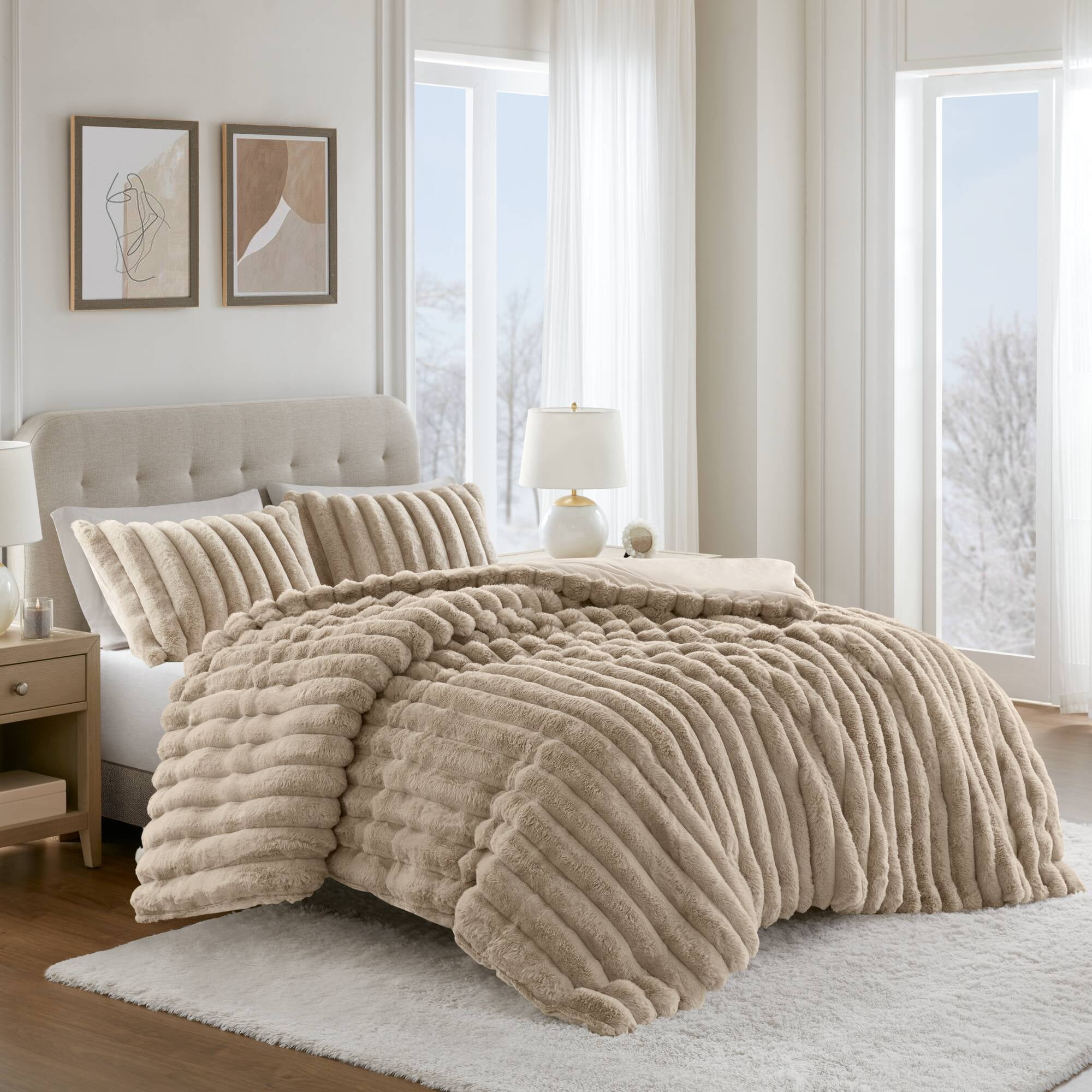 Regency Heights Full/Queen Size Comforter Sets, Taupe Fluffy Ribbed Plush Bedding Set, 3-Piece Faux Fur Ribbed Bedding Comforter Set