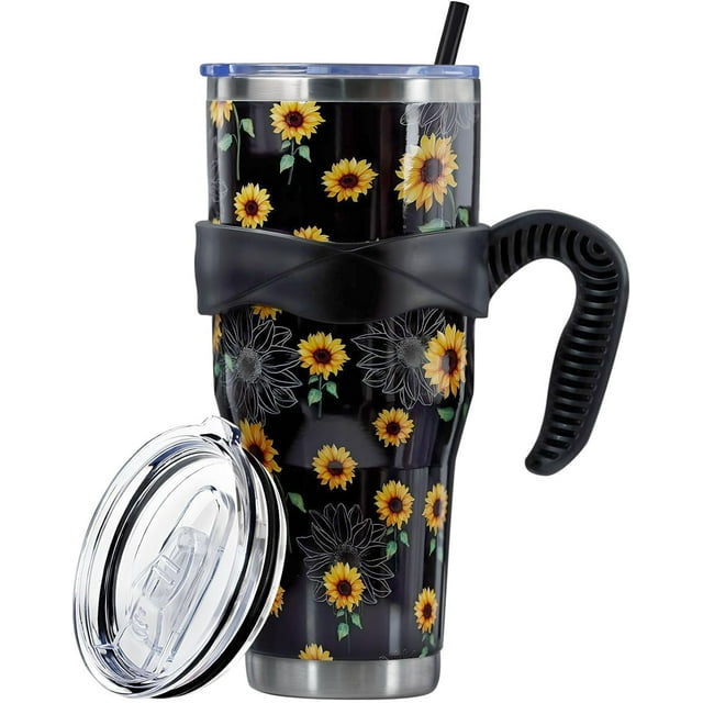 40 Oz Tumbler with Handle and Silicone Straws,Coffee Insulated Tumbler with Handle,40 Oz Cute Black Sunflower Water Bottles,Travel Mug with Handle