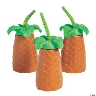 Juvale 12-Pack 16 Ounce Plastic Coconut Cups with Straws, Hawaiian Tropical Luau Party Supplies