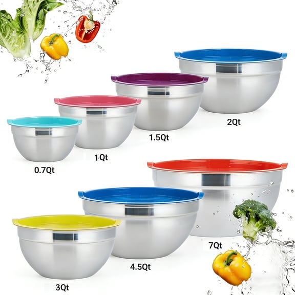 Lumiparty 7-Piece Stainless Steel Mixing Bowls with Airtight Lids, Nesting Kitchen Bowl Set 0.7–7 Qt, Food Storage & Baking Bowls, Dishwasher Safe