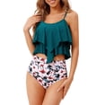thumbnail image 3 of Zando High Waisted Tankini Bathing Suits for Women Modest Swimsuits with Ruffle 2 Piece Tummy Control Swimwear Green Flower S, 3 of 7