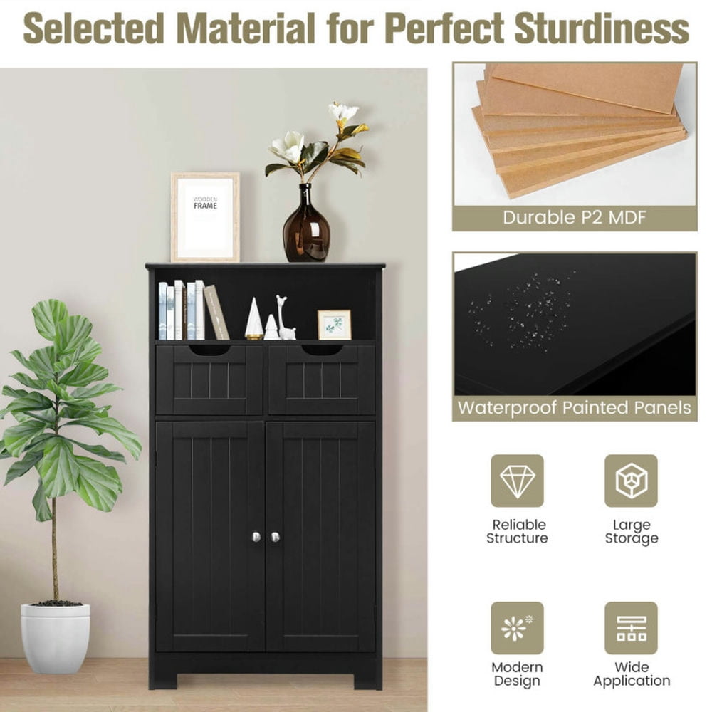Finihen Bathroom Storage Cabinet, Bathroom Floor Cabinet, Bathroom Wooden Side Cabinet with 2 Drawers and 2 Doors, for Bathroom, Living Room, Bedroom, Kitchen, Black Finihen Bathroom Storage Cabinet, Bathroom Floor Cabinet, Bathroom Wooden Side Cabinet with 2 Drawers and 2 Doors, for Bathroom, Living Room, Bedroom, Kitchen, Black