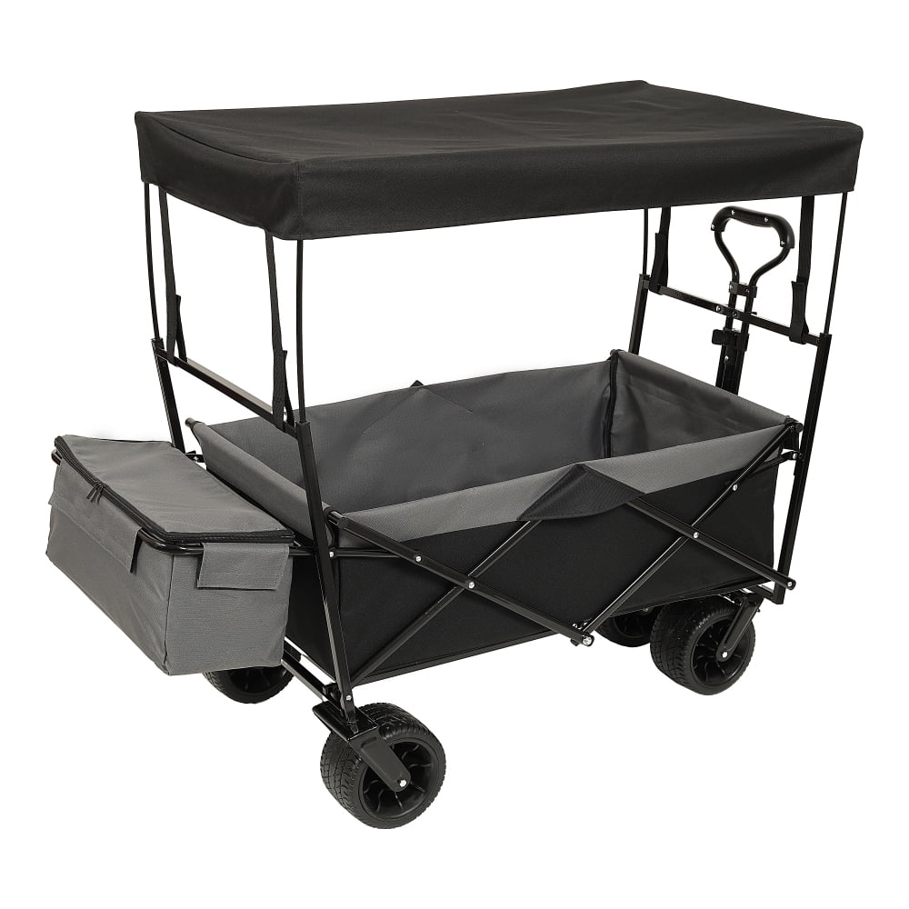 Hassch Collapsible Folding Wagon with Canopy and All-Terrain Wheels, Utility Storage Cart with Cooler Bag and Side Pockets, Beach Wagon for Sand, Camping, Sports, Shopping, Black