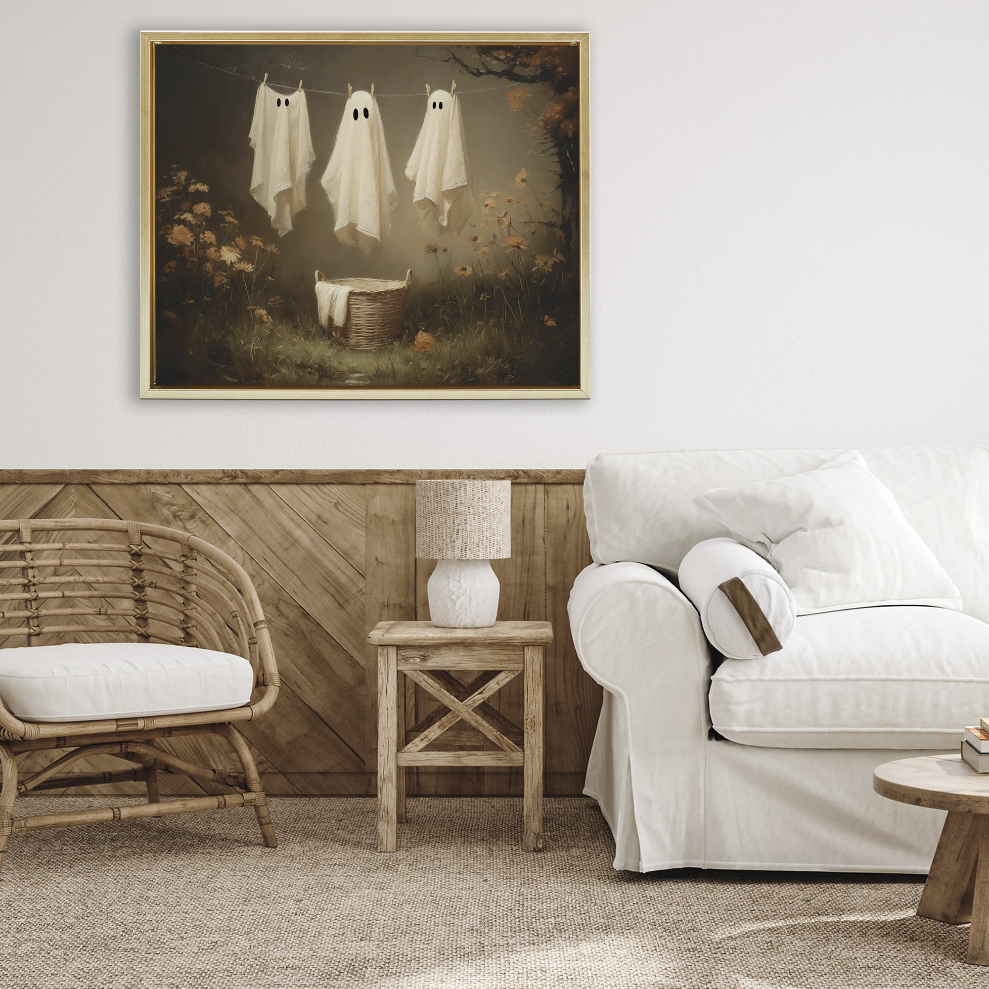 Three Laundry Ghosts Hanging Gold Framed Floater Canvas Wall Art, design by Arlington Prints