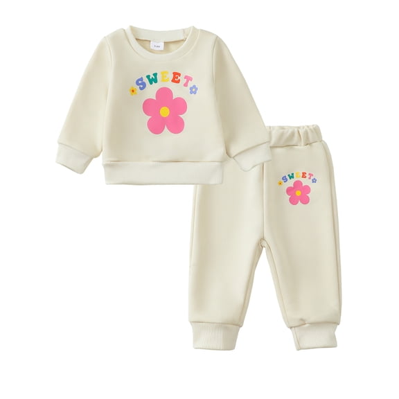 2T Baby Girls Clothes 3T Girls 2PCS Fall Winter Outfits Set Flower Print Toddler Girls Long Sleeve Top Pants Set Apricot