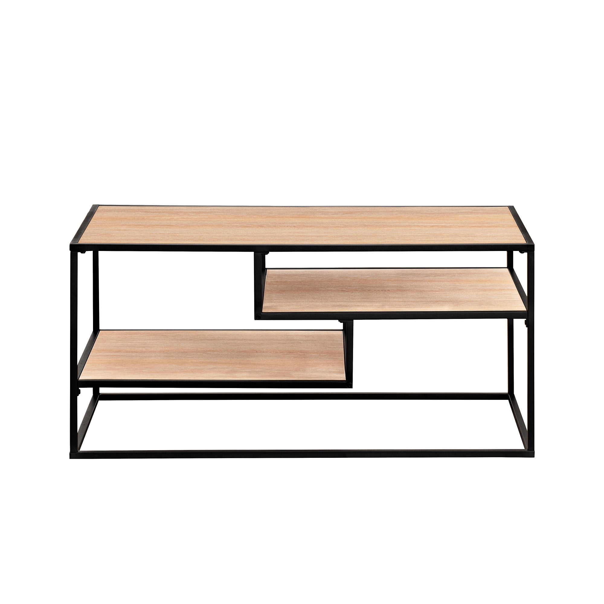 Walker Edison Contemporary Wood and Metal Tiered Coffee Table, Coastal Oak