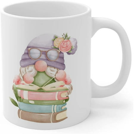 

Cute Garden Gnome Holding Books Ceramic Coffee Mug Gift For Book Lovers 11oz