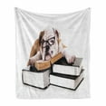thumbnail image 1 of English Bulldog Soft Flannel Fleece Throw Blanket, Pure Breed Bulldog with Glasses and Books Hardworking Animal, Cozy Plush for Indoor and Outdoor Use, 70" x 90", Black Pale Brown White, by Ambesonne, 1 of 6