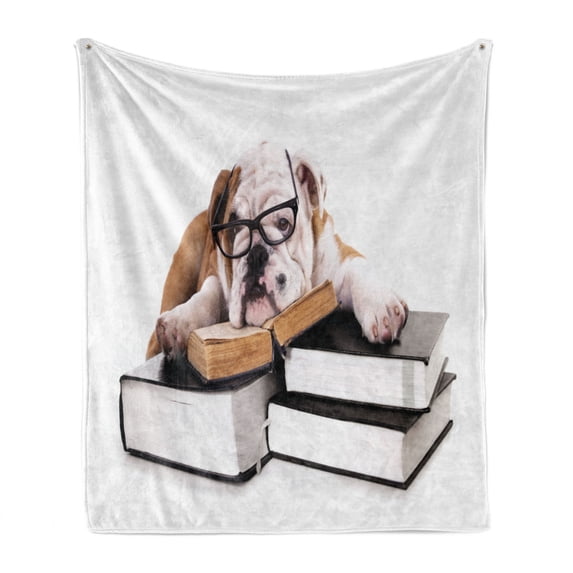 English Bulldog Soft Flannel Fleece Throw Blanket, Pure Breed Bulldog with Glasses and Books Hardworking Animal, Cozy Plush for Indoor and Outdoor Use, 70" x 90", Black Pale Brown White, by Ambesonne